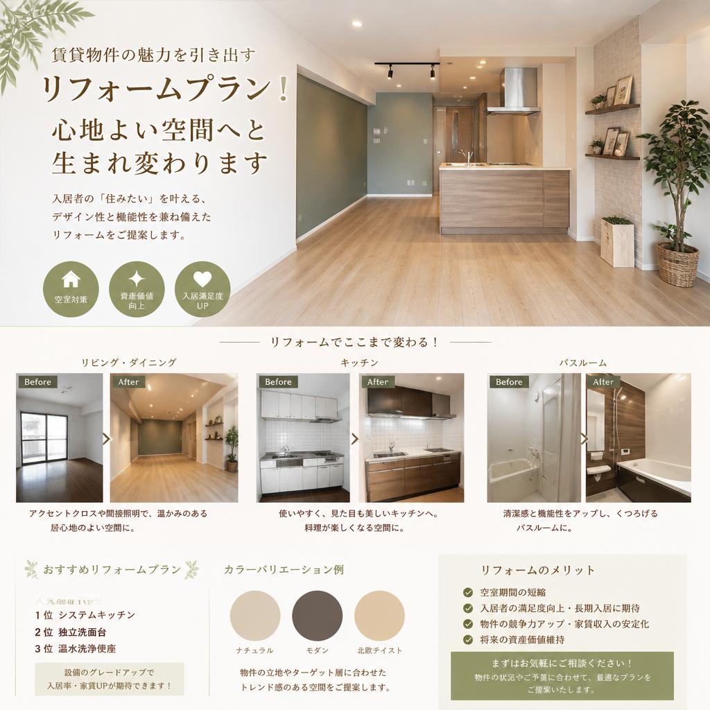 賃貸物件の魅力を引き出すリフォームプラン！心地よい空間へと生まれ変わります