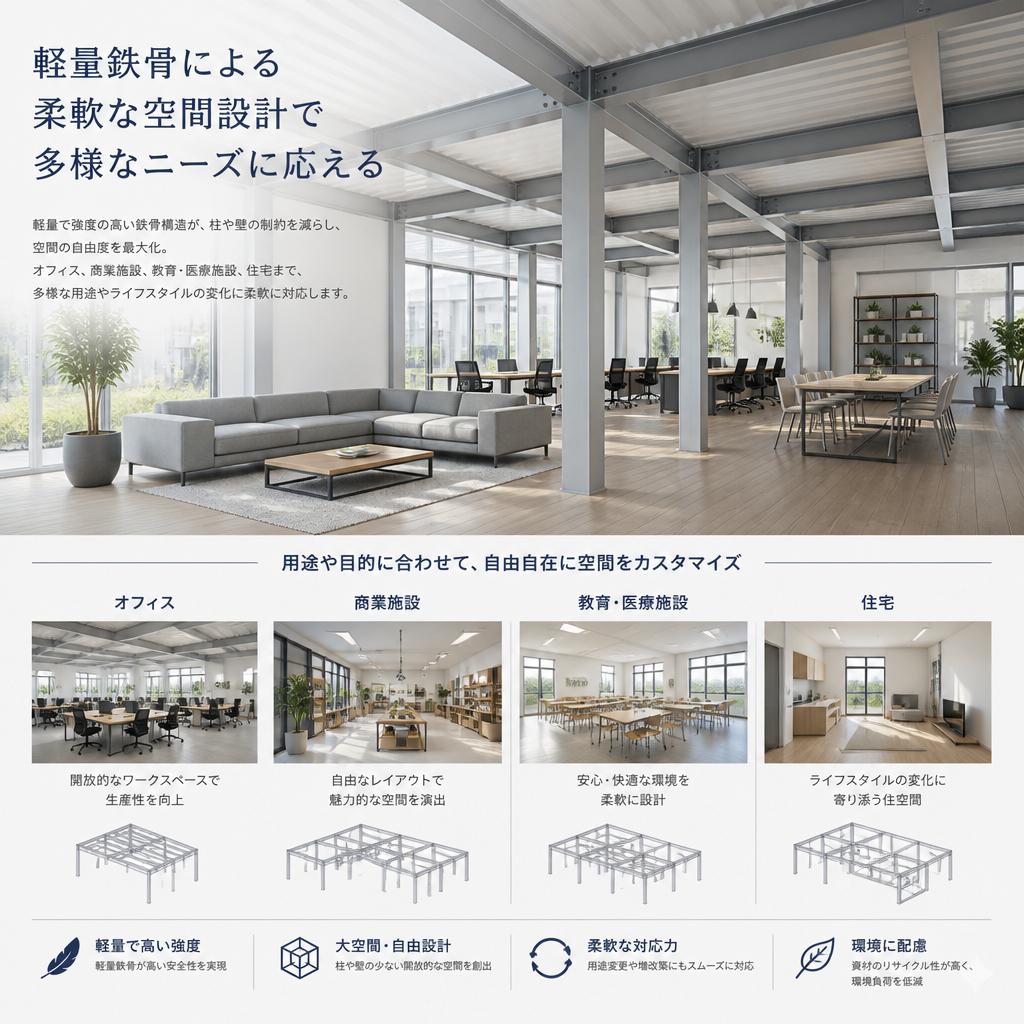 軽量鉄骨による柔軟な空間設計で多様なニーズに応える