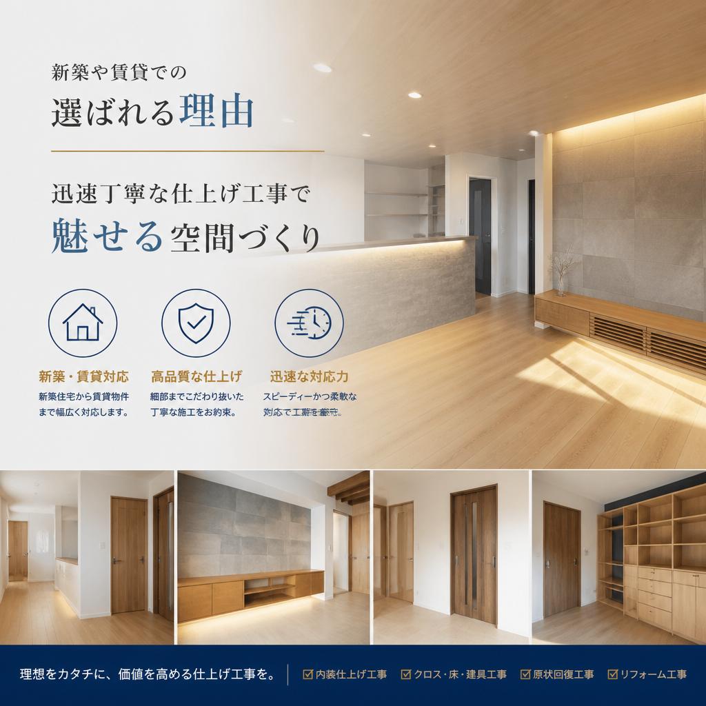 新築や賃貸での選ばれる理由、迅速丁寧な仕上げ工事で魅せる空間づくり